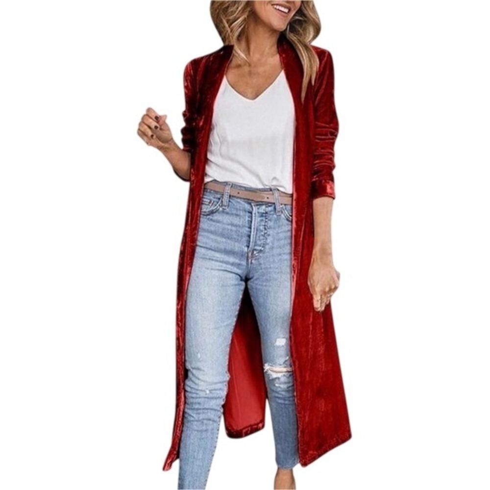 Rust orange velvet long coat jacket duster blazer Sz XL miss look fashion icon